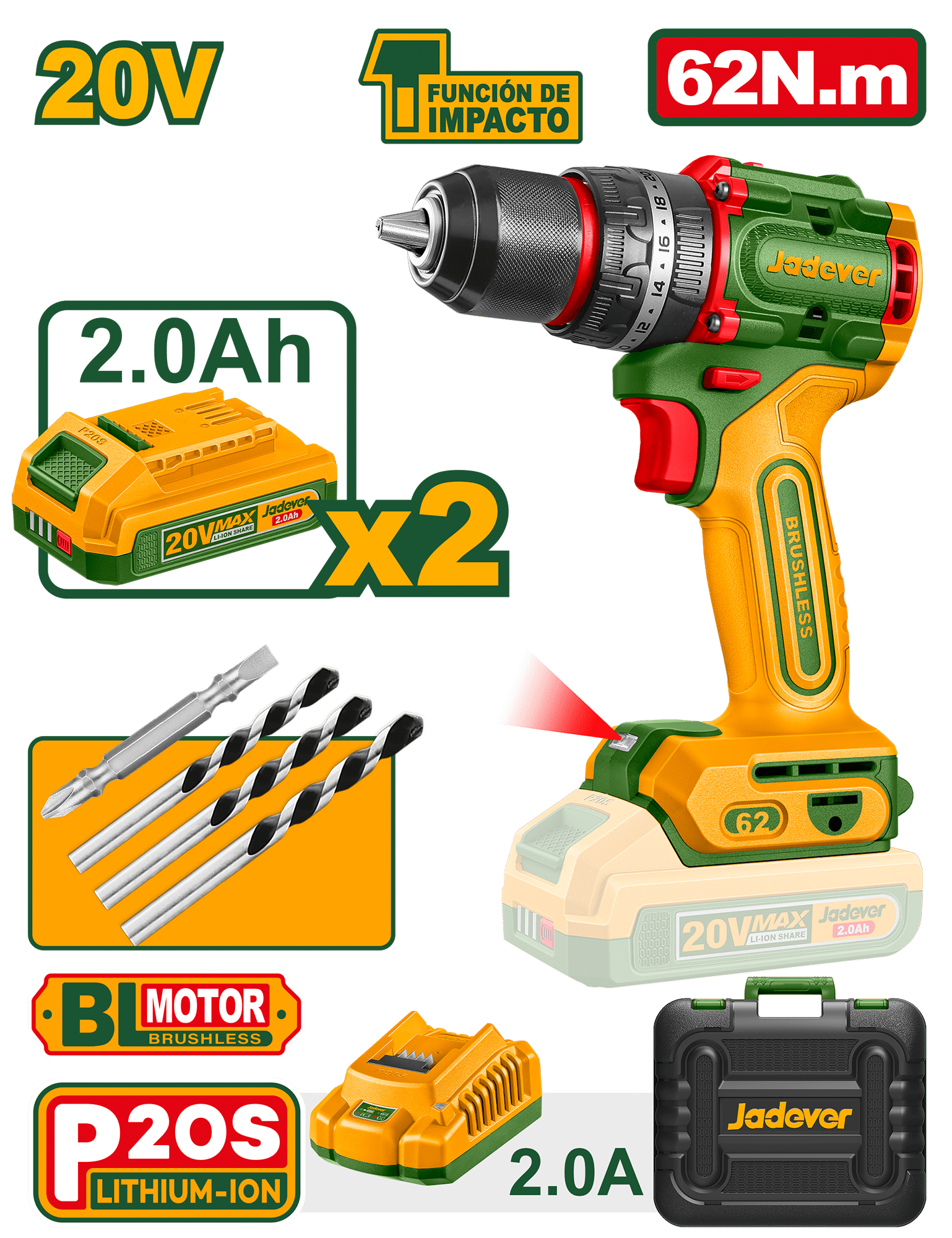 TALADRO PERCUTOR BL 20V 62NM 13MM 2X2.0AH +ACC +MALETIN INDUSTRIAL