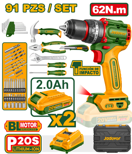 COMBO TALADRO 20V 62NM 2X2.0AH + HERRAMIENTAS MALETIN (91PCS)