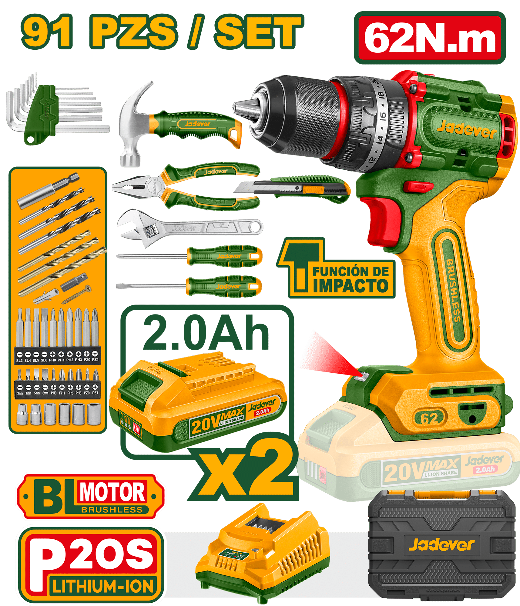 COMBO TALADRO 20V 62NM 2X2.0AH + HERRAMIENTAS MALETIN (91PCS)