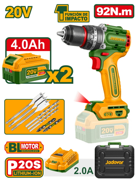 TALADRO PERCUTOR BL 20V 92NM 13MM 2X4.0AH +ACC +MALETIN INDUSTRIAL