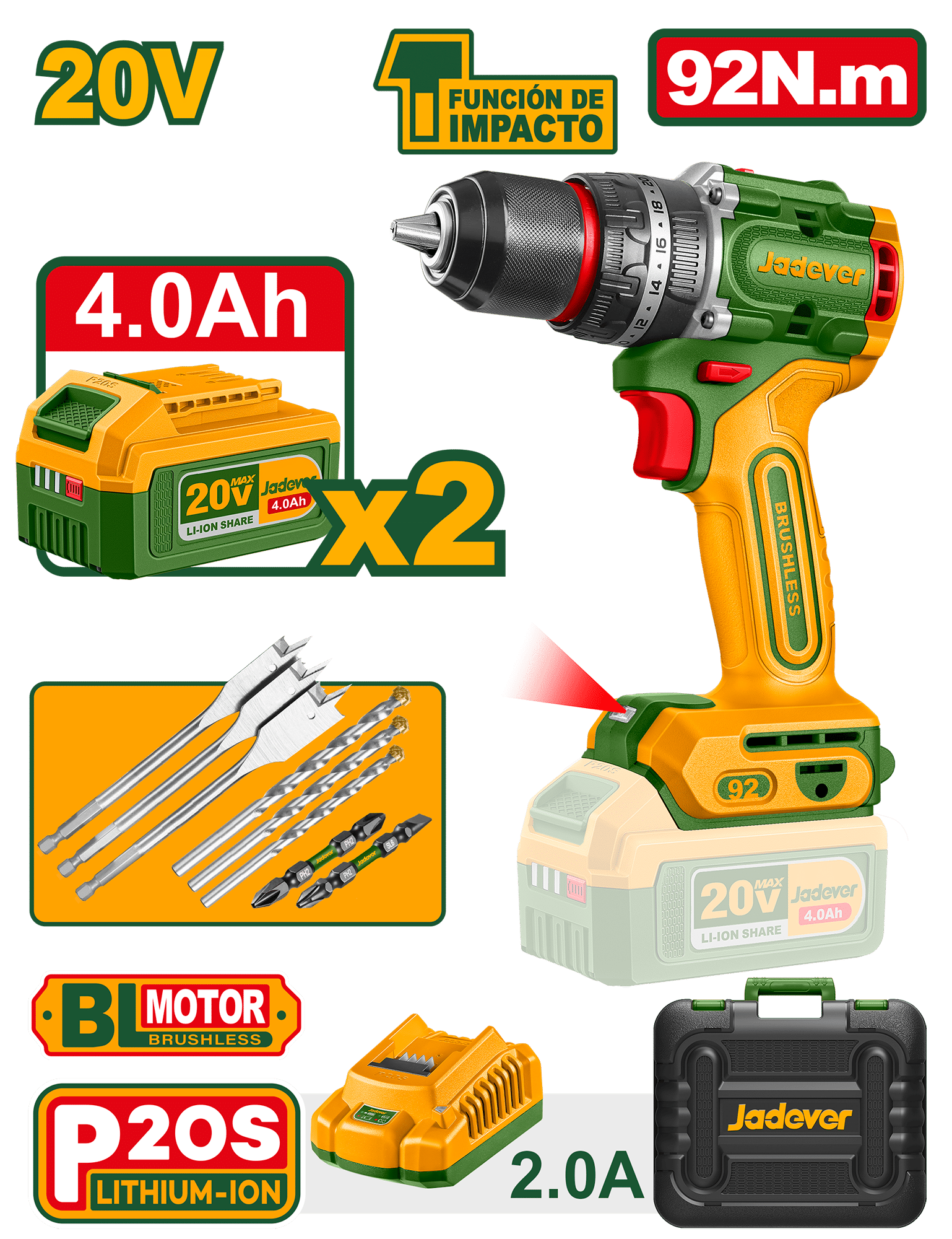 TALADRO PERCUTOR BL 20V 92NM 13MM 2X4.0AH +ACC +MALETIN INDUSTRIAL