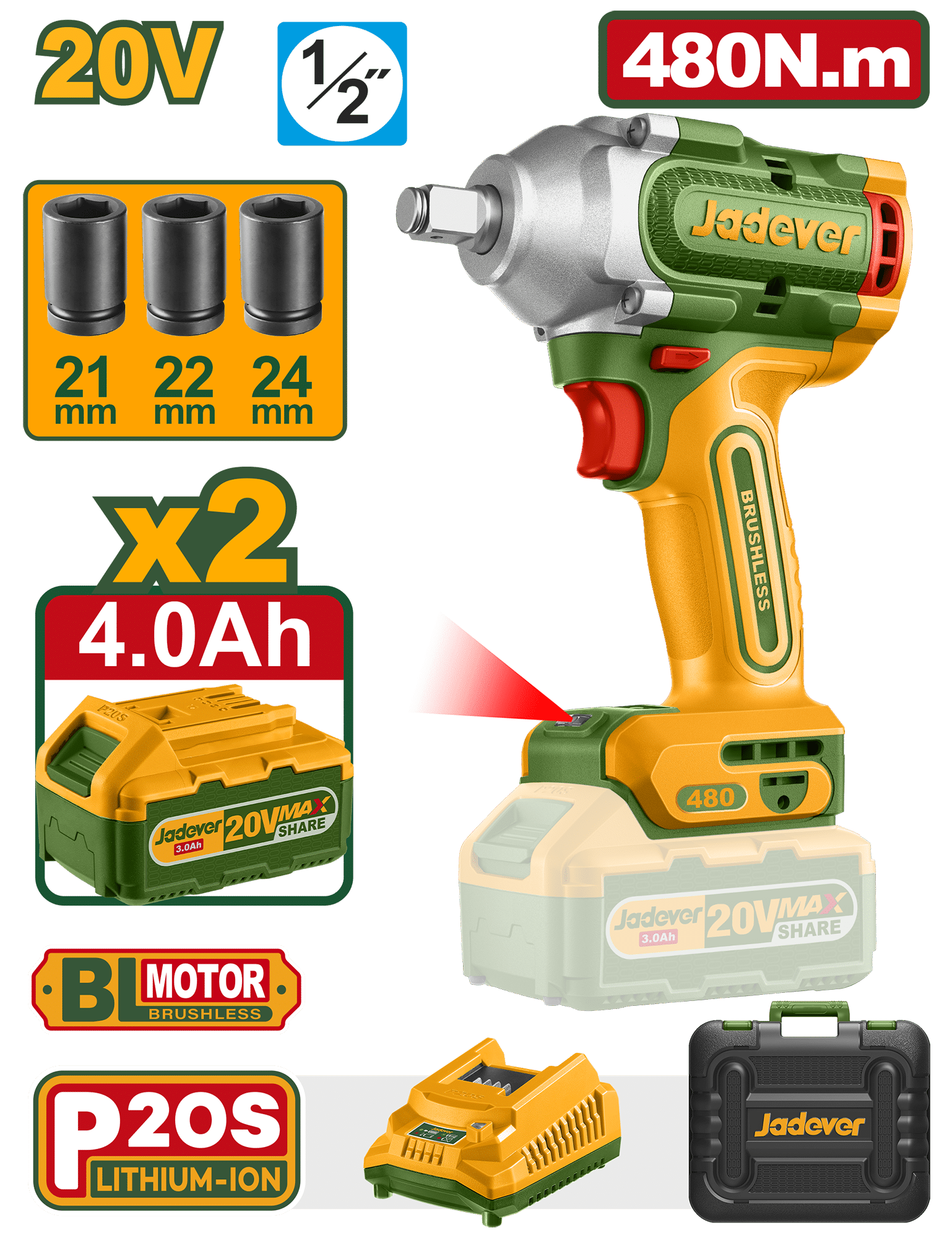 LLAVE DE IMPACTO BL 1/2'' 20V 480NM 3300BPM 2X4.0AH +ACC +MALETIN INDUSTRIAL