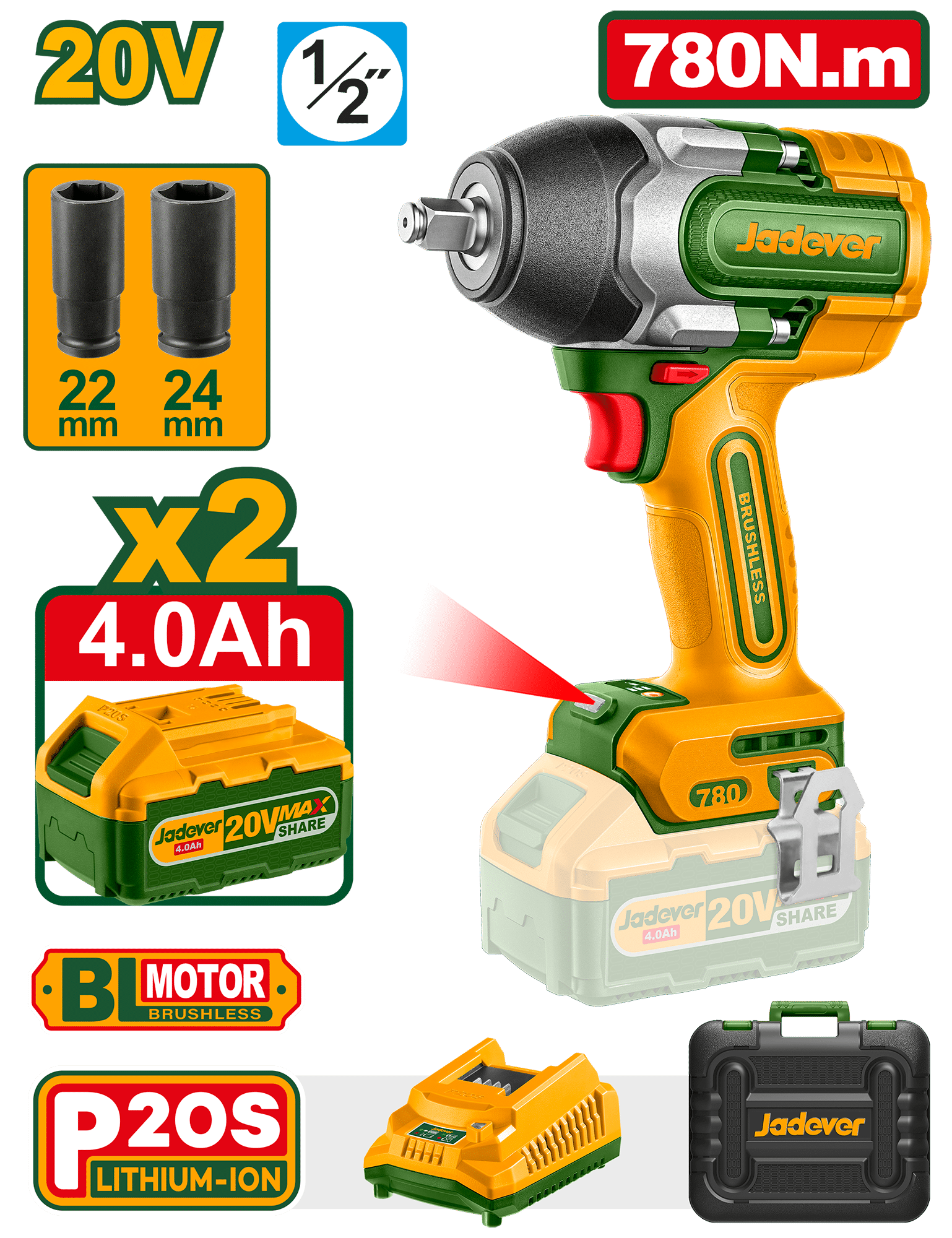 LLAVE DE IMPACTO BL 1/2'' 20V 780NM 2200BPM 2X4.0AH +ACC +MALETIN INDUSTRIAL