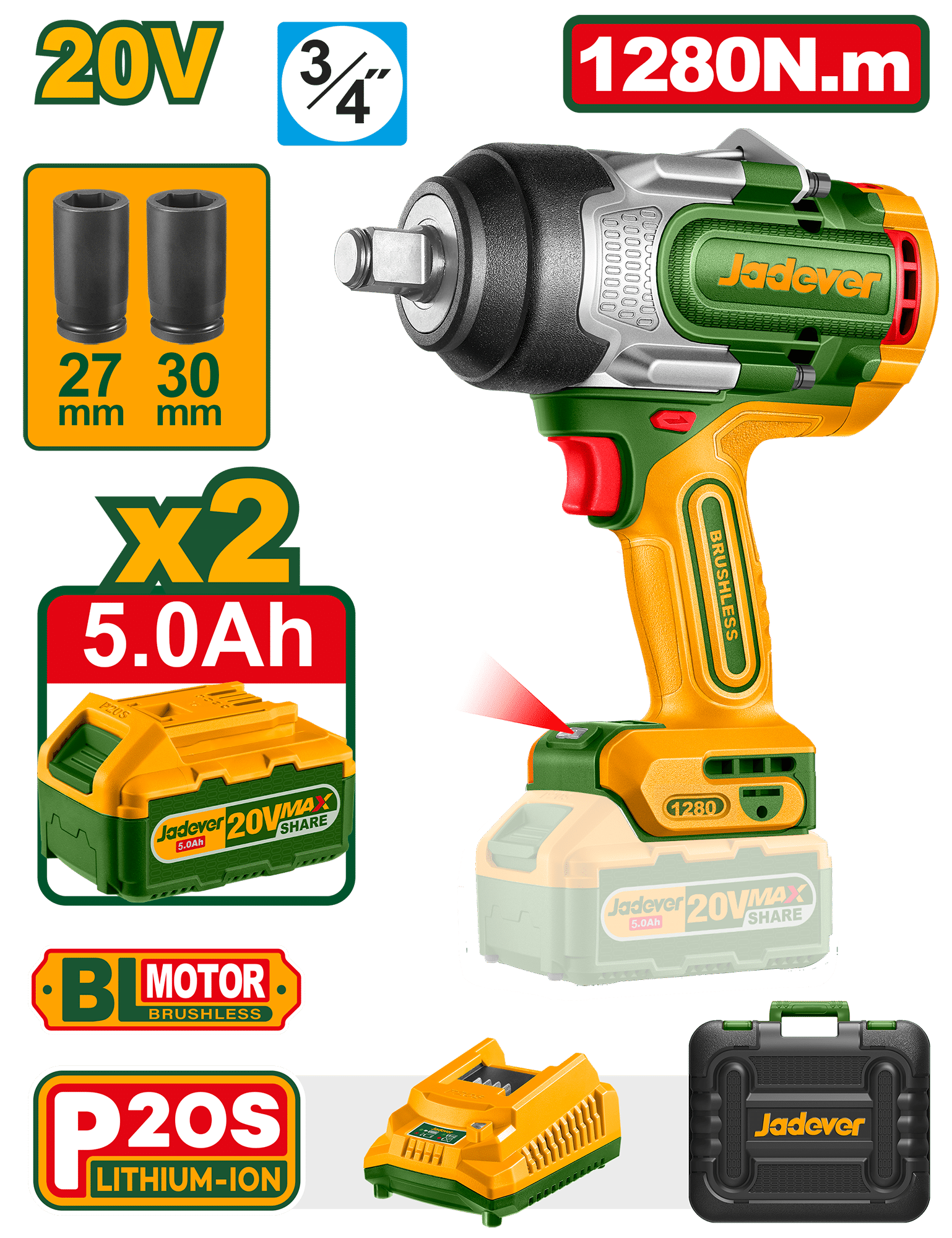 LLAVE DE IMPACTO BL 3/4'' 20V 1280NM 2200BPM 2X4.0AH +ACC +MALETIN INDUSTRIAL