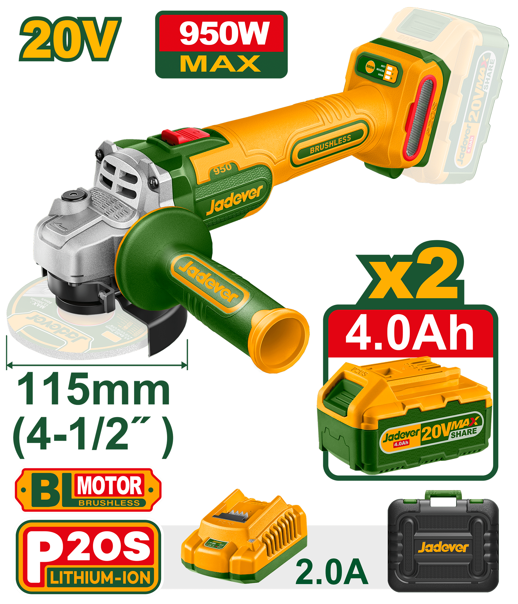 AMOLADORA 20V BL 3000-9000RPM 115MM M14 950W 2X4.0AH MALETIN