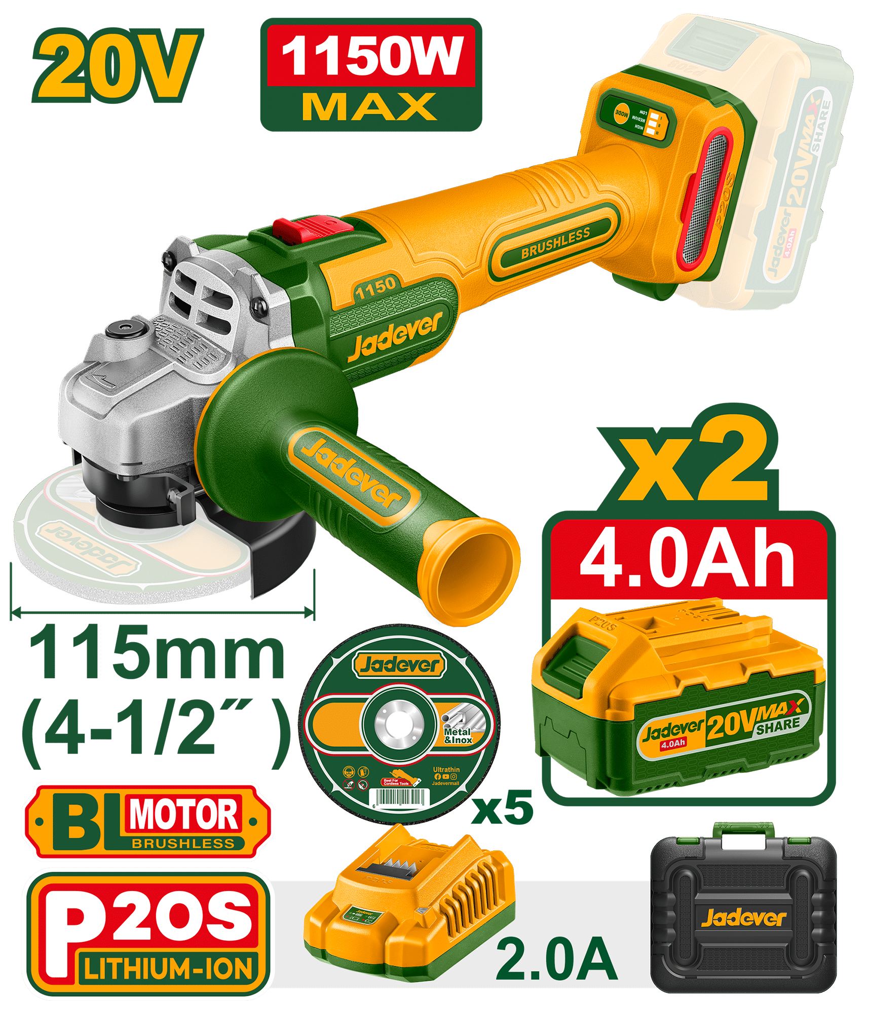 AMOLADORA 20V BL 3000-9000RPM 115MM M14 1150W 2X4.0AH MALETIN