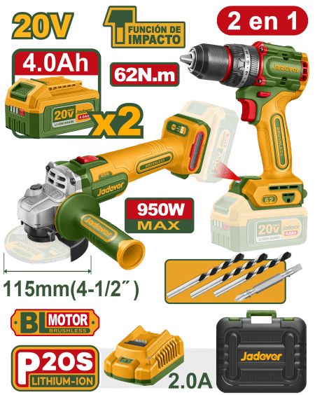 COMBO 20V TALADRO 62NM + AMOLADORA 950W 2X4.0AH +MALETIN INDUSTRIAL