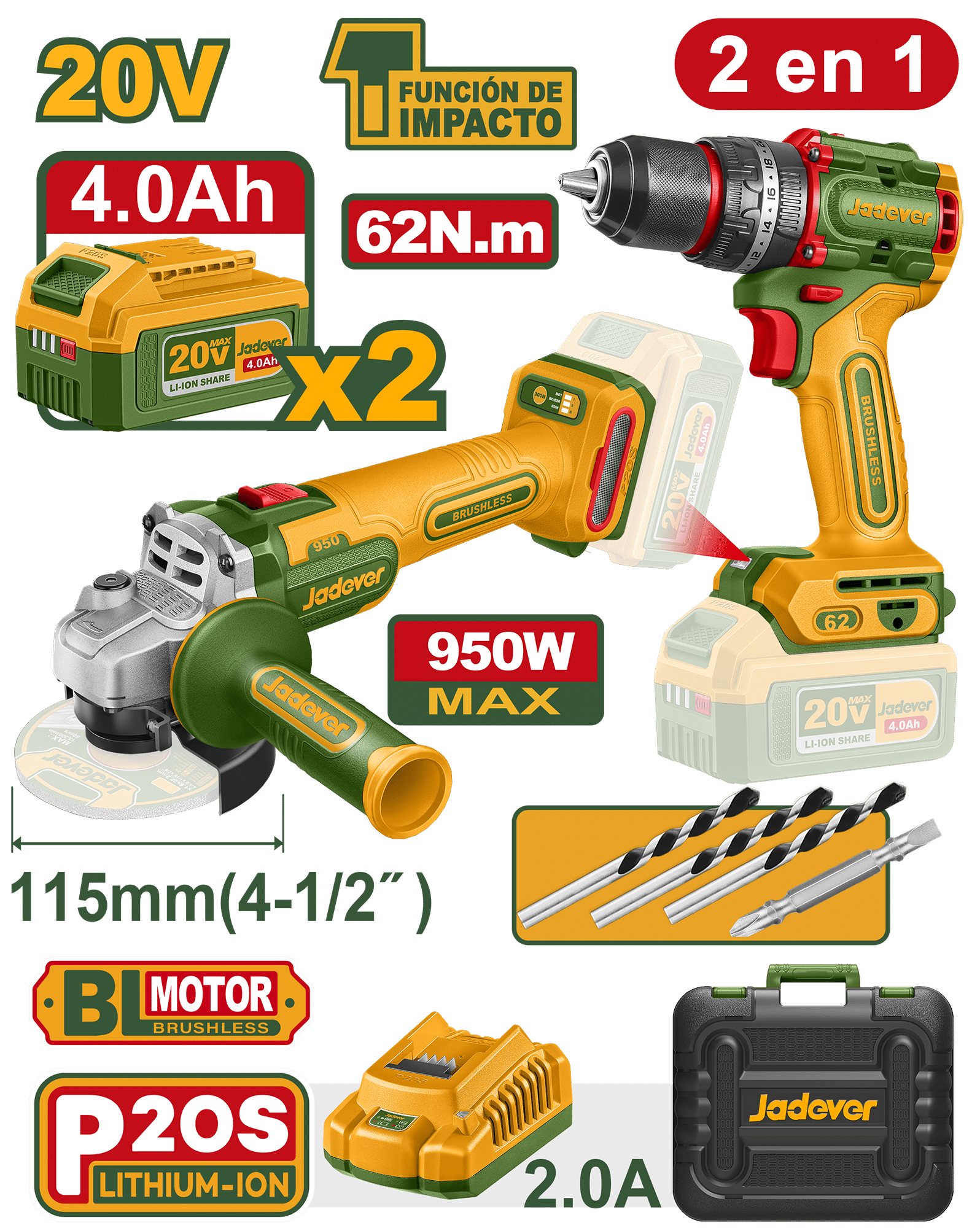 COMBO 20V TALADRO 62NM + AMOLADORA 950W 2X4.0AH +MALETIN INDUSTRIAL