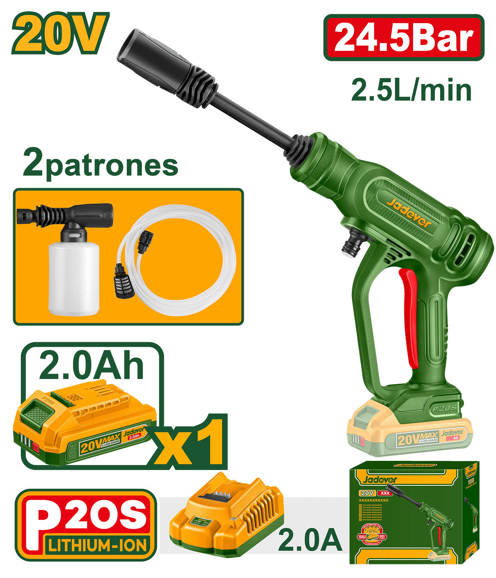 LAVADORA PRESION 20V 24.58BAR 2.5L/MIN 1X2.0AH + ACC