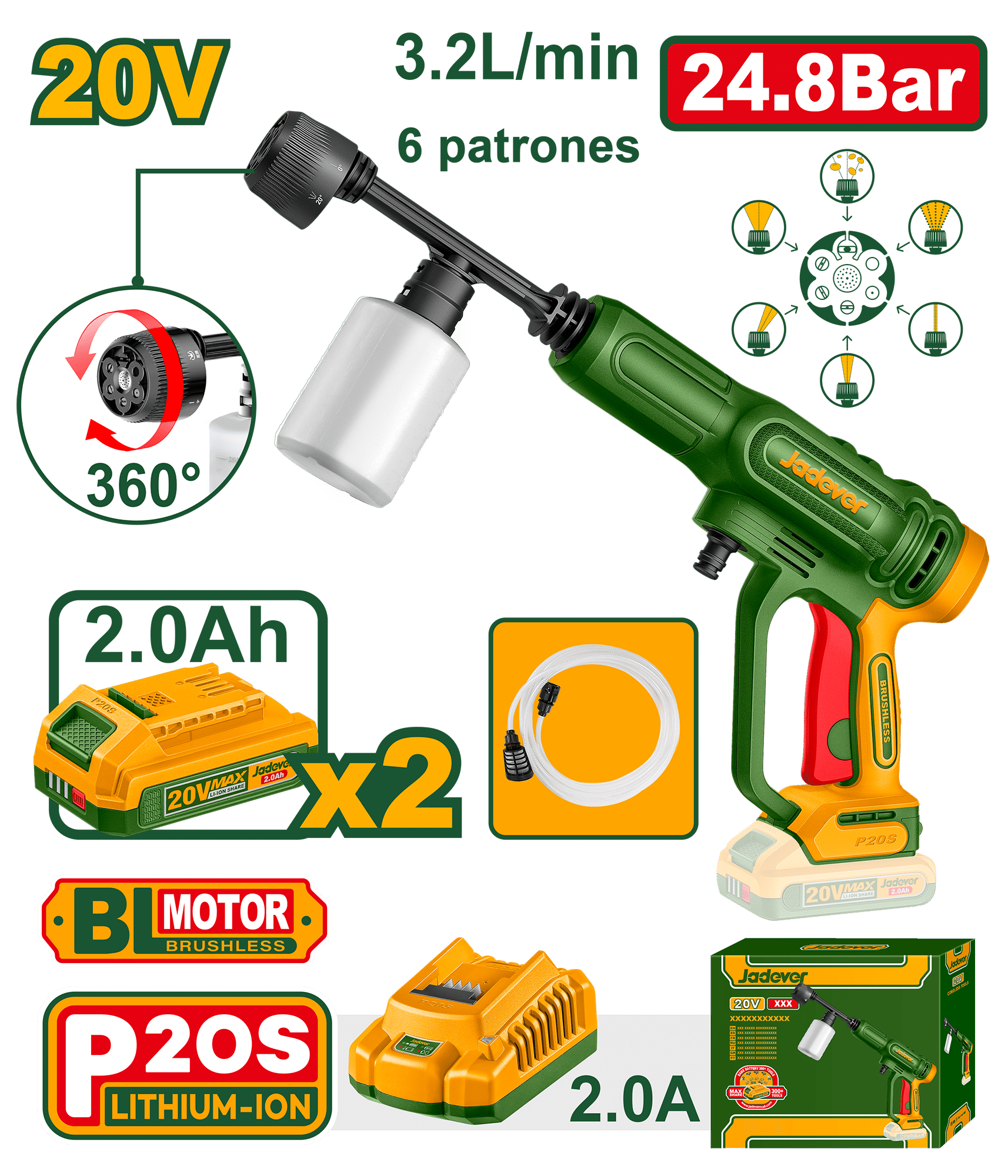 LAVADORA PRESION 20V 24.8BAR 3.2L/MIN 2X2.0AH + ACC