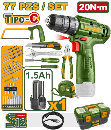 COMBO TALADRO 12V TIPO-C  20NM 1X1.5AH +HERRAMIENTAS MALETIN