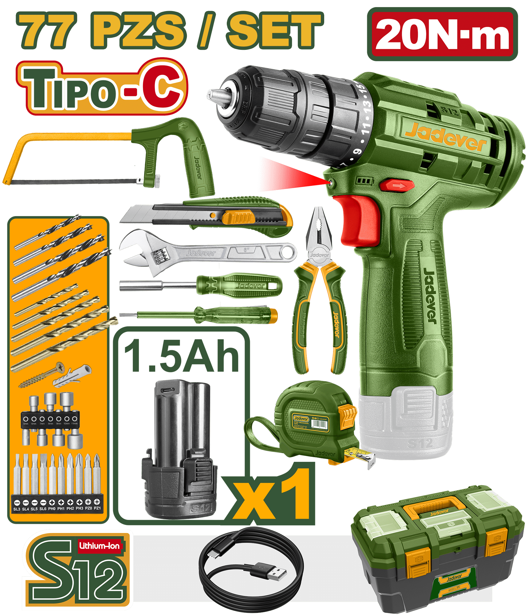 COMBO TALADRO 12V TIPO-C  20NM 1X1.5AH +HERRAMIENTAS MALETIN