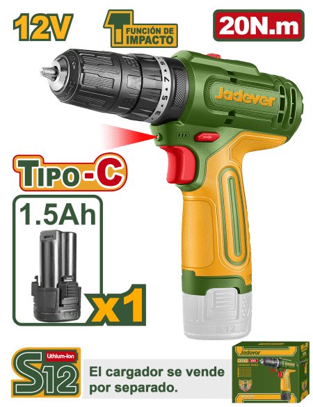 TALADRO PERCUTOR 12V 20NM 0.8-10MM 0-1500RPM 1X1.5AH TIPO C