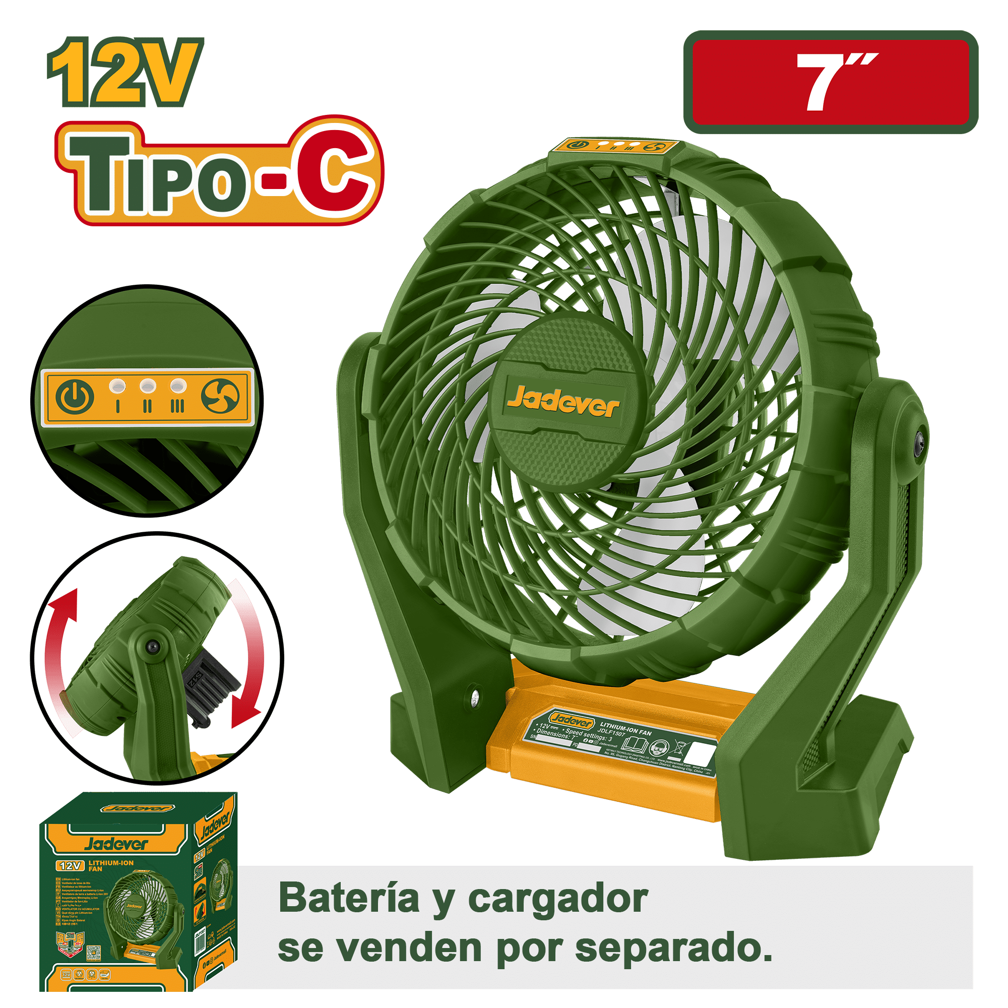VENTILADOR 12V 7" ANGULO AJUSTABLE