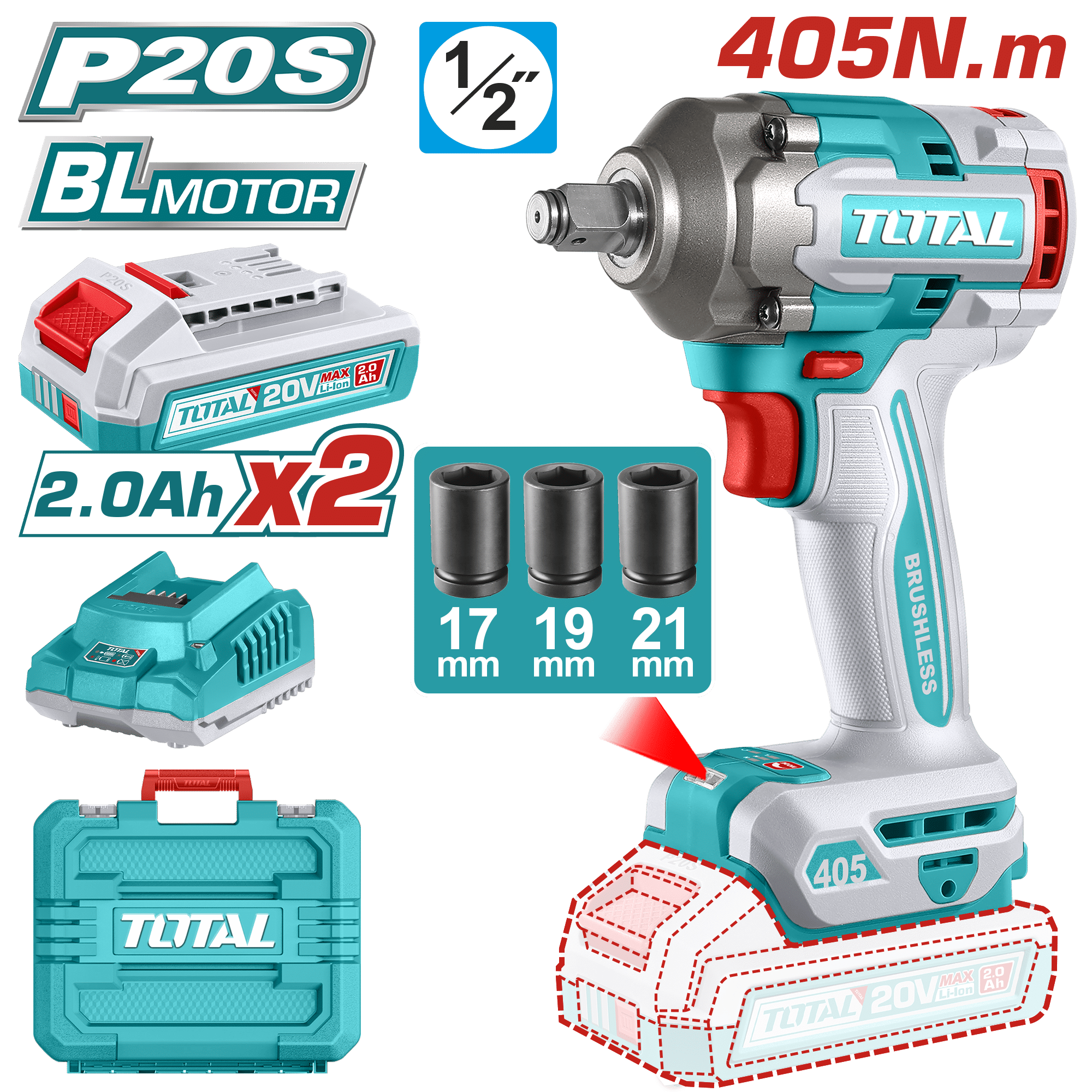 LLAVE IMPACTO BL 20V 405NM 1/2'' 0-3000BPM MALETIN + ACC INDUSTRIAL