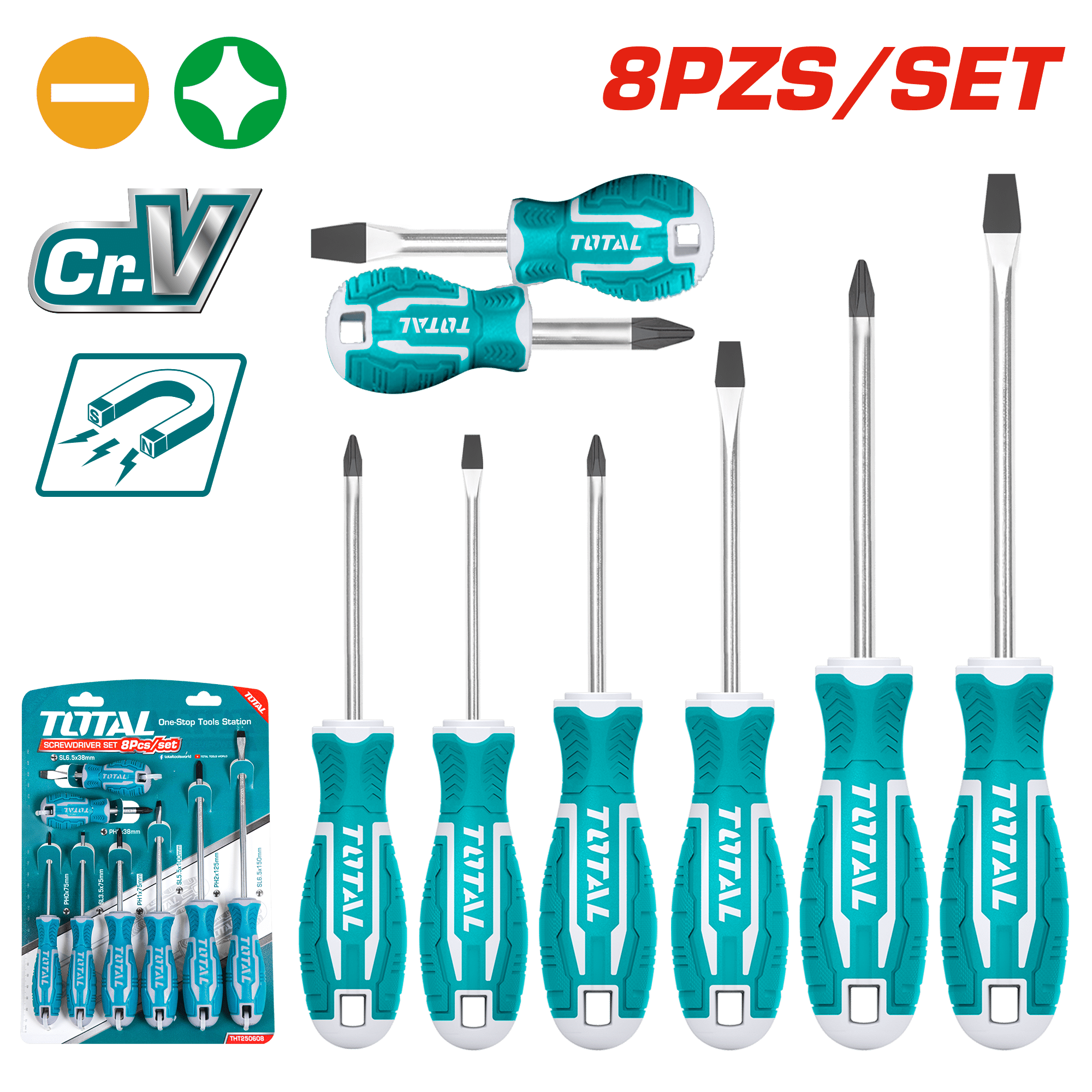 SET DESTORNILLADORES 8PCS CR.V 4XSL+4PH 38/75/100/150MM MAG.