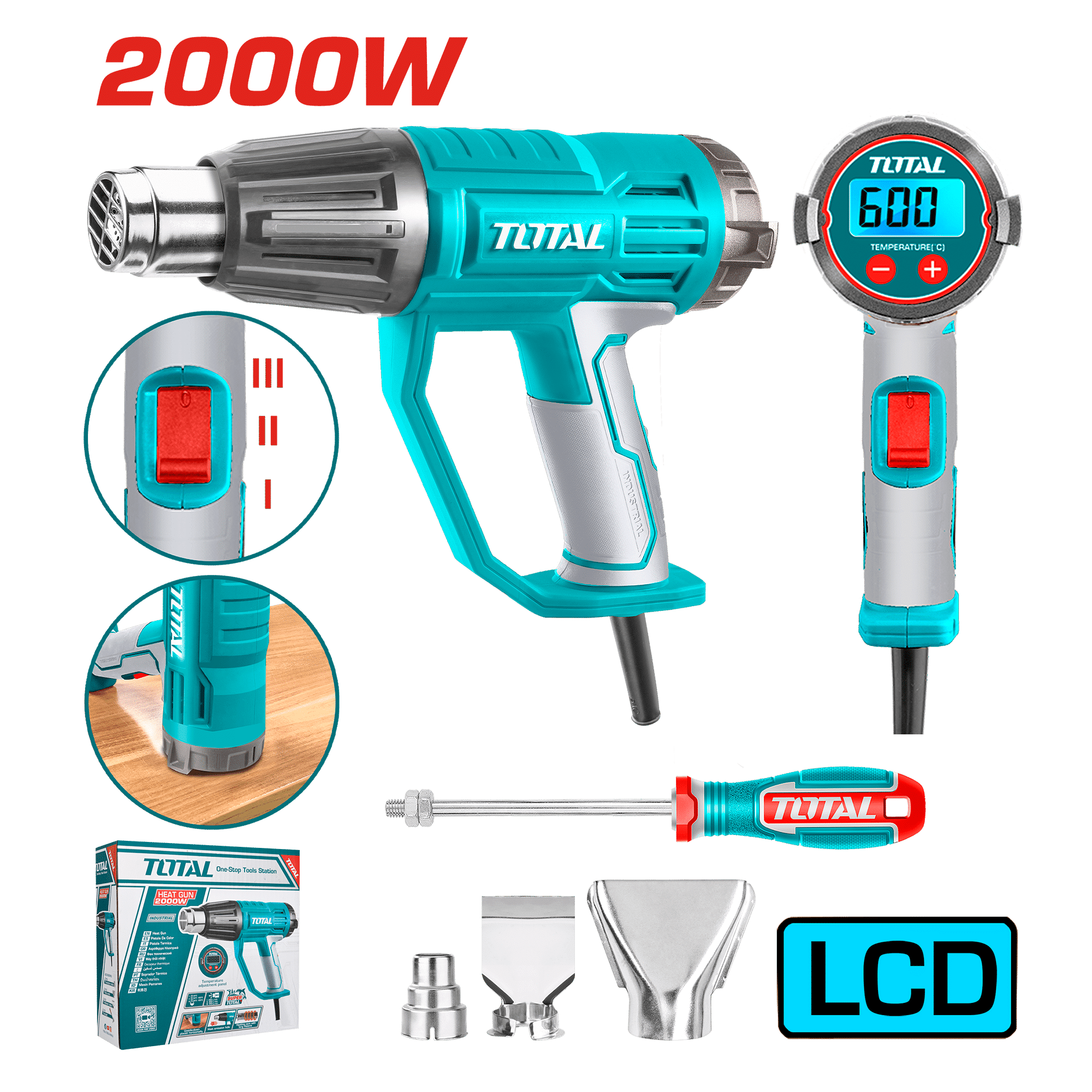 PISTOLA DE CALOR 2000W 450L/MIN 50-600C RANGO AJUSTABLE LCD +ACCESORIOS INDUSTRIAL