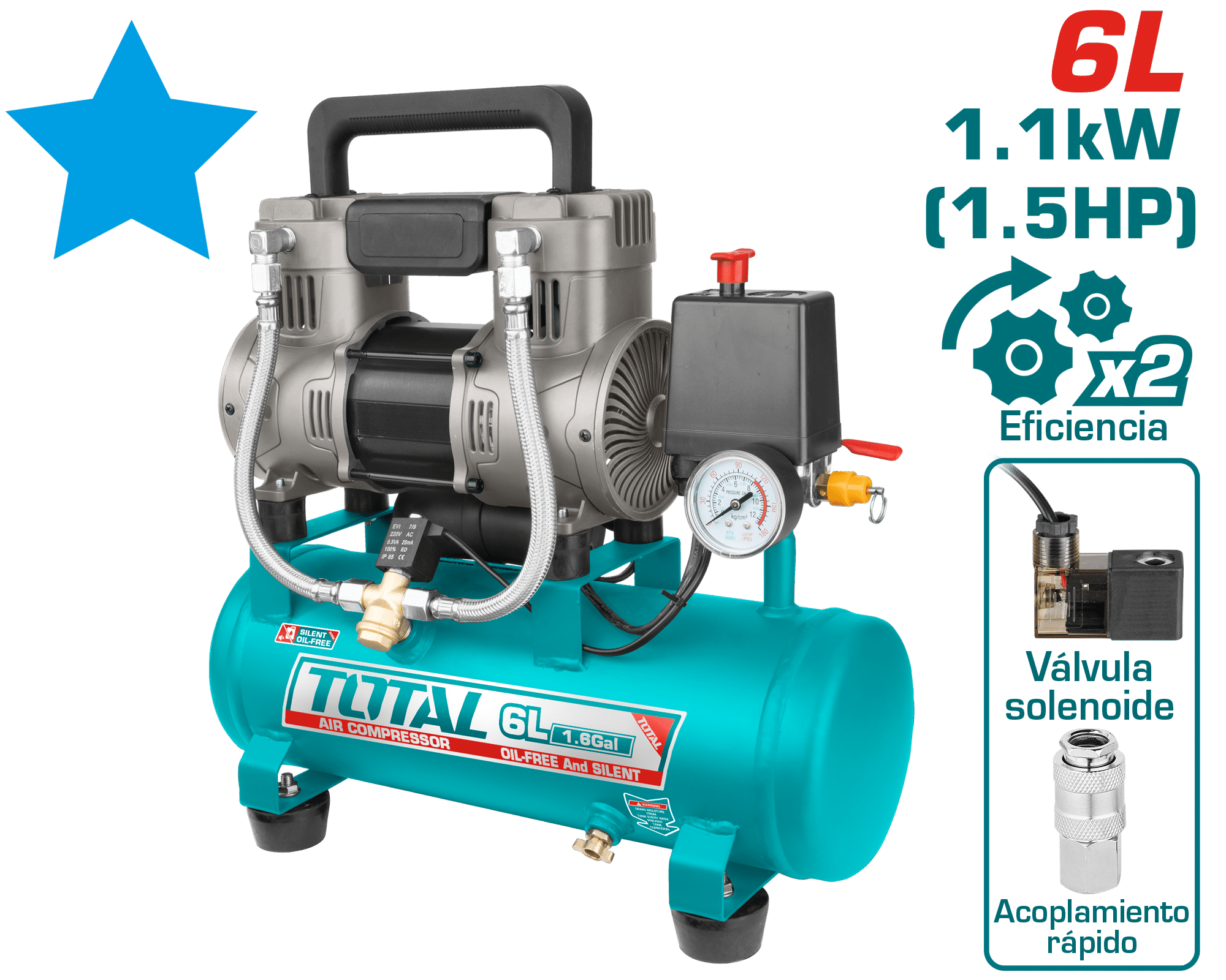 COMPRESORA OIL-FREE 06L 1.5HP 67DB 8BAR 3400RPM