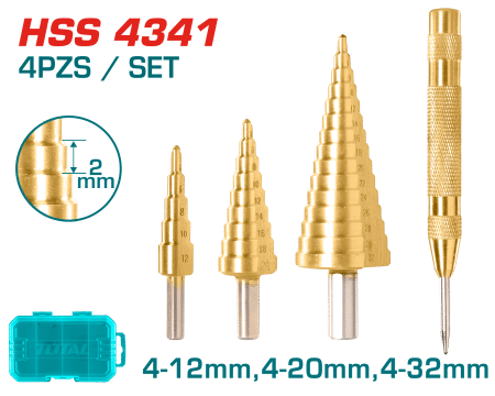 SET BROCAS ESCALONADAS 4PZS 1/4'' HEX HSS 4341 4-12/4-20/4-32MM + MARCADOR METAL INDUSTRIAL