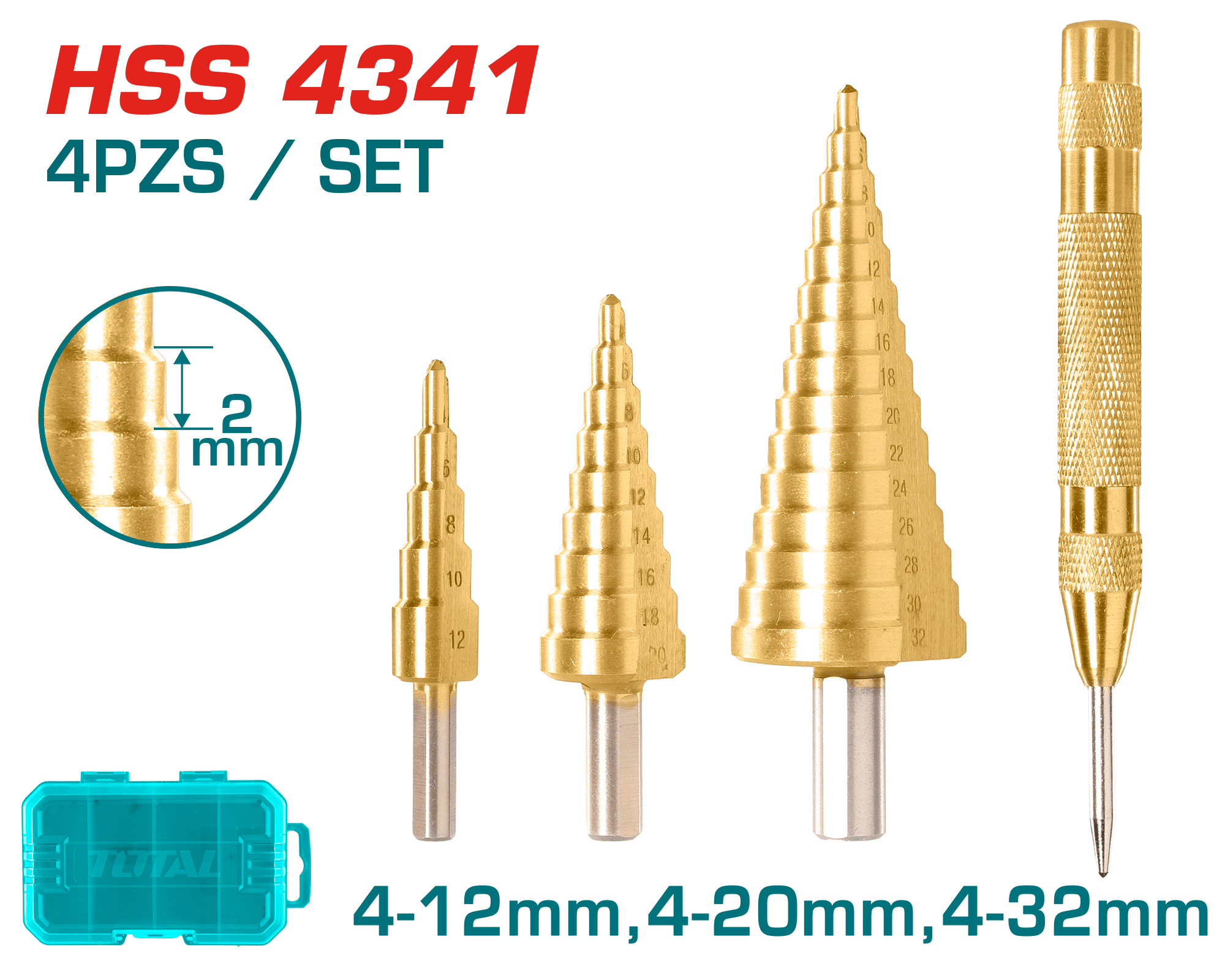 SET BROCAS ESCALONADAS 4PZS 1/4'' HEX HSS 4341 4-12/4-20/4-32MM + MARCADOR METAL INDUSTRIAL