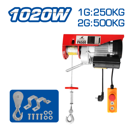 TECLE ELECTRICO 1020W 1G:250KG / 2G:500KG E:6-12M V:5-10M/MIN