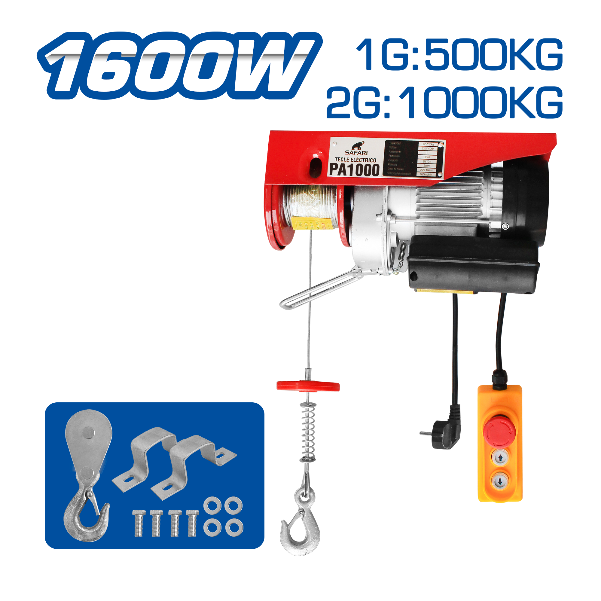 TECLE ELECTRICO 1600W 1G:500KG / 2G:1000KG E:6-12M V:4-8M/MIN