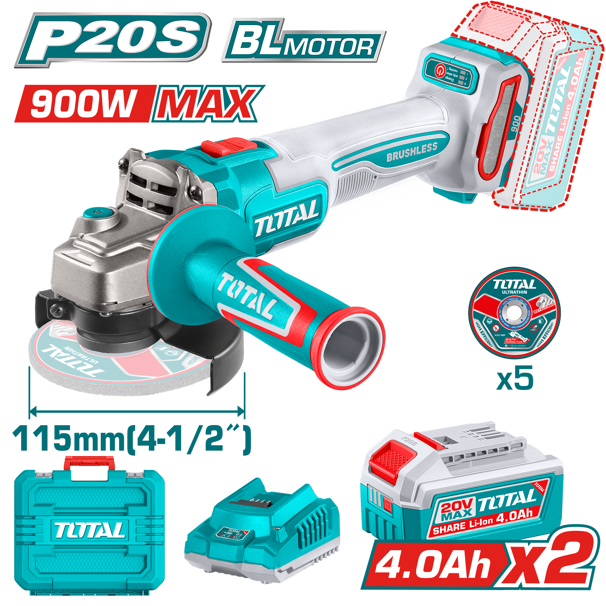 AMOLADORA 20V BRUSHLESS 3000-9000RPM 115MM M14 900W 2X4.0AH DISCO X5 INDUSTRIAL