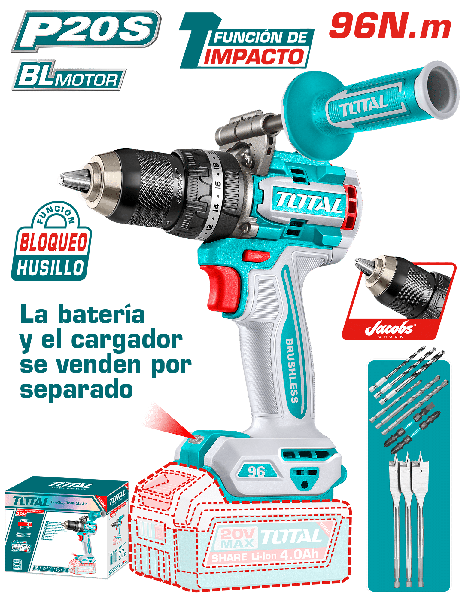 TALADRO PERCUTOR LI-ION 20V 96NM 13MM BRUSHLESS +ACC Y MANGO MALETIN INDUSTRIAL