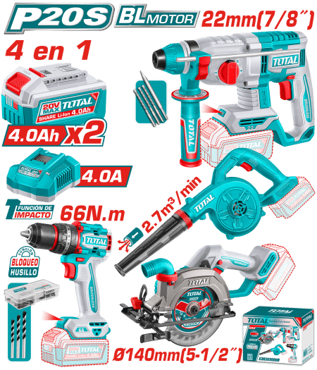 COMBO 4 EN 1 ROTOMARTILLO 22MM + TALADRO IMP. 66NM + SOPLADOR + SIERRA 2X4.0AH + ACC