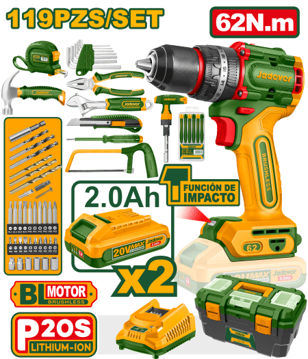 TALADRO 20V 52NM 13MM 22+1 2X2.0AH MOTOR BRUSHLESS +  ACC MALETIN