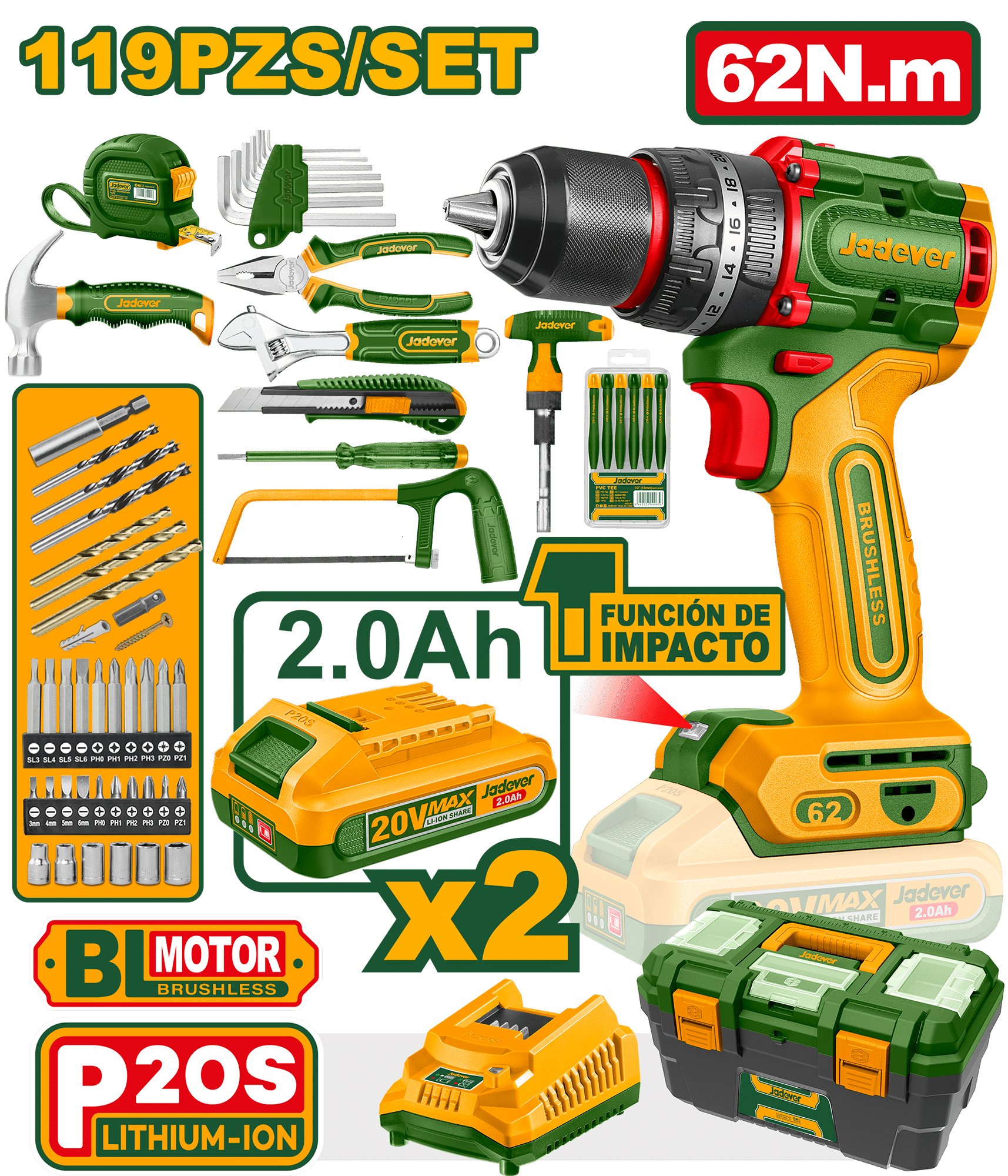 TALADRO 20V 52NM 13MM 22+1 2X2.0AH MOTOR BRUSHLESS + ACC MALETIN