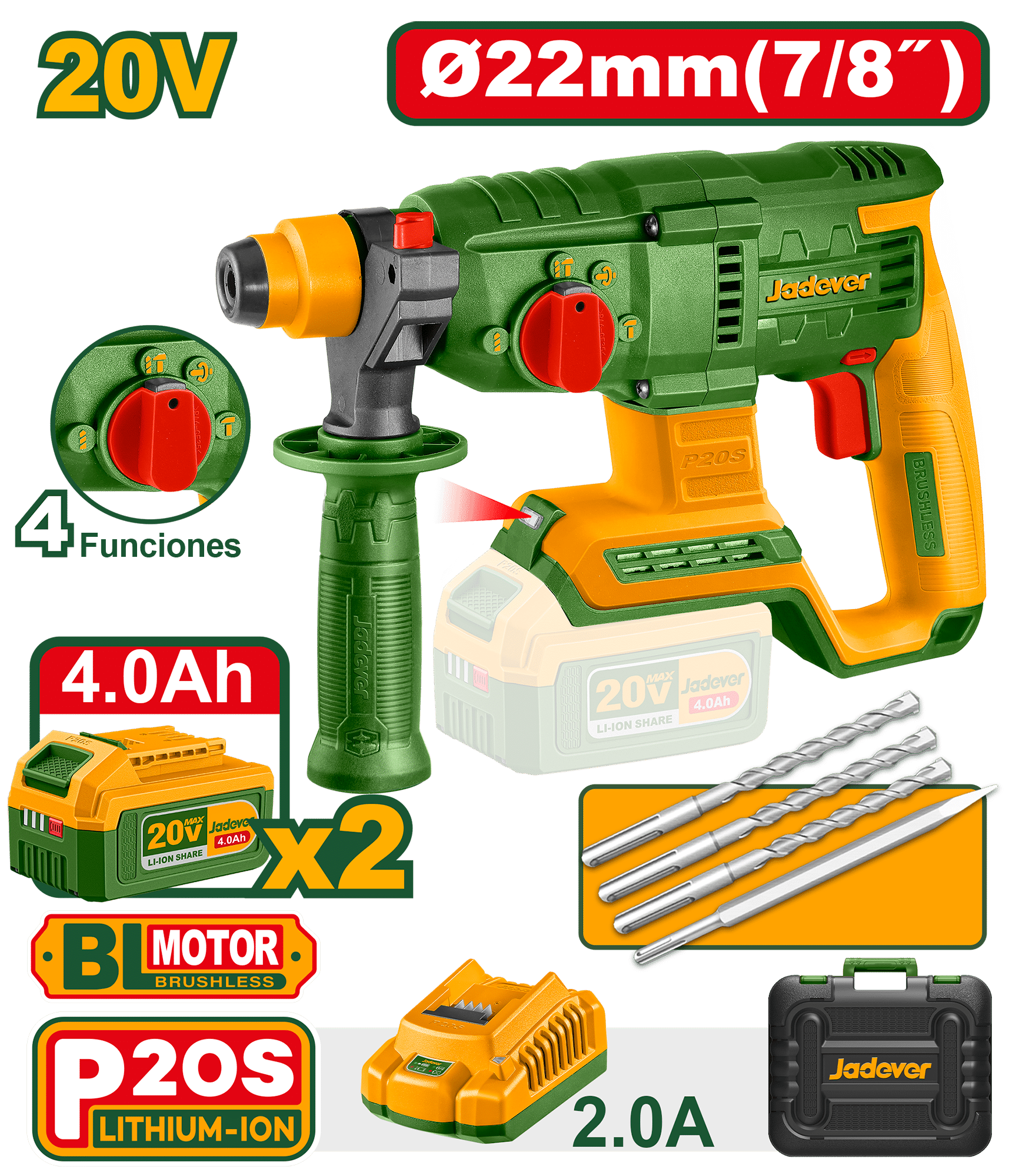 ROTOMARTILLO +22MM 20V 2.0J 0-5400BPM 2X4.0AH