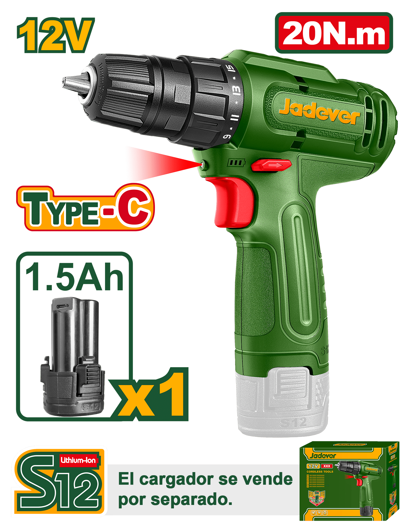 TALADRO 12V 20NM 0.8-10MM 0-750RPM 1X1.5AH TIPO C