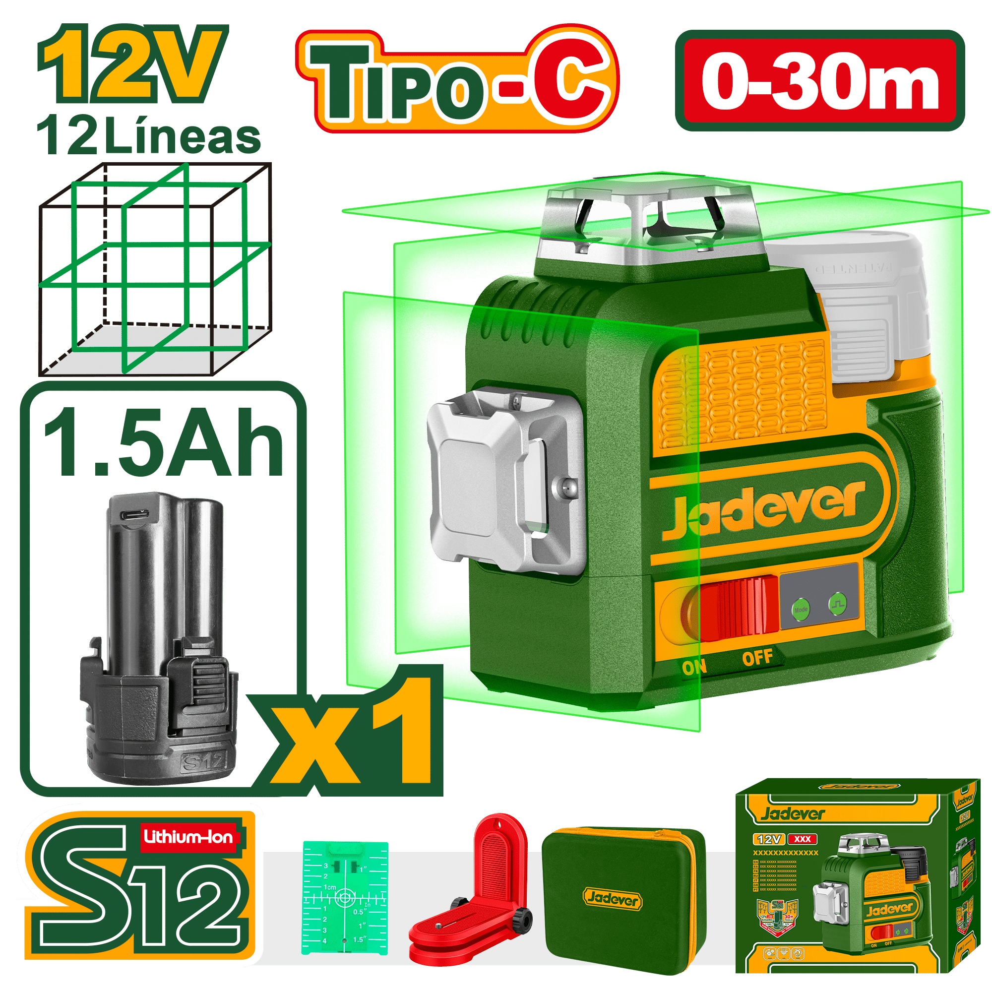 NIVEL LASER 3D 12V 12LINEAS 0-30M VERDE 1X1.5AH + ACC