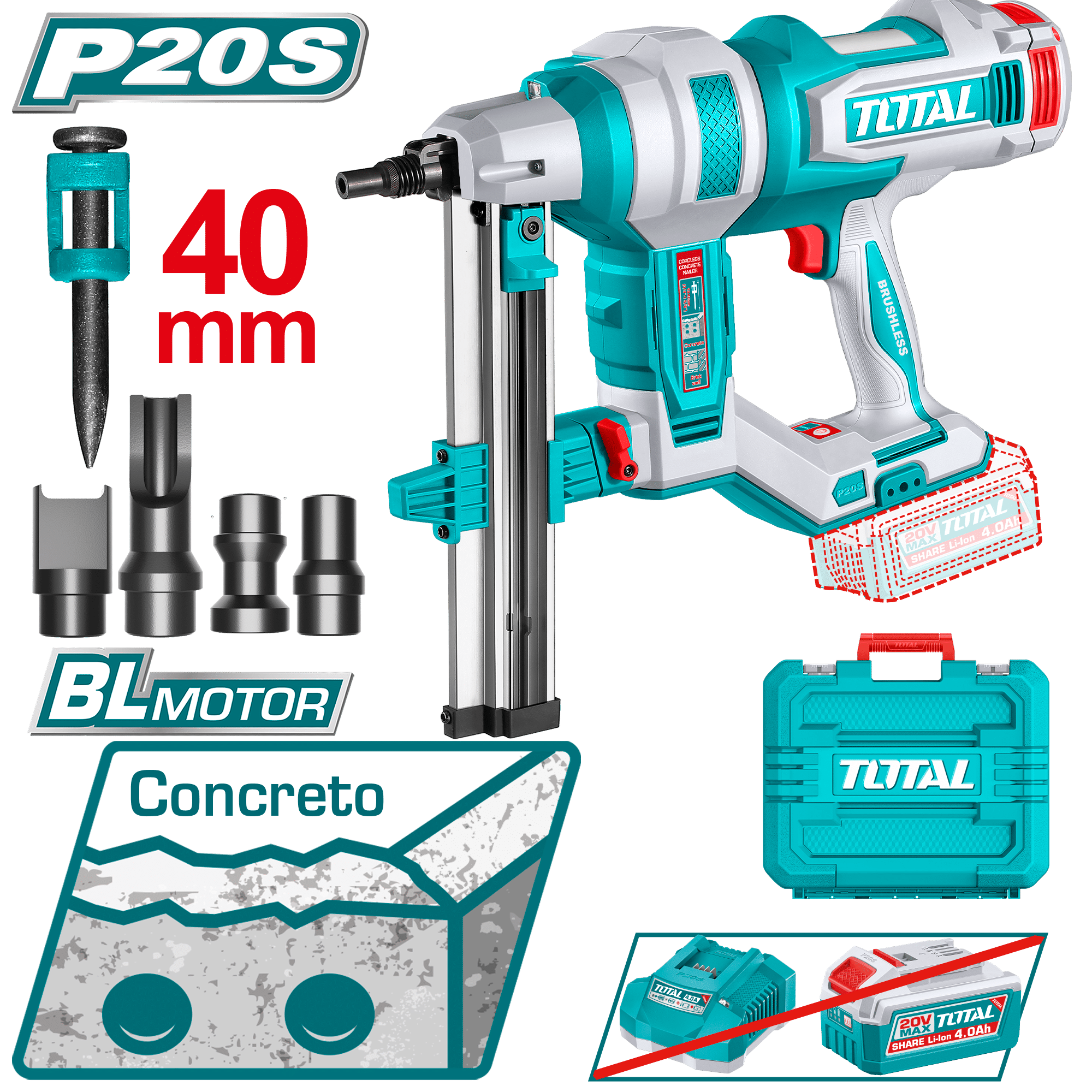 CLAVADORA CONCRETO 20V BLMOTOR  R:15-40MM +1000 CLAVOS +ACC MALETIN INDUSTRIAL