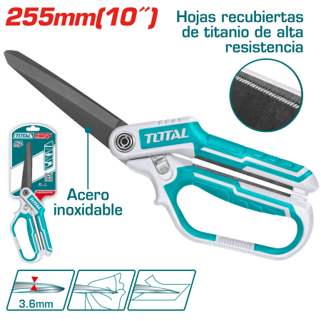 TIJERA DE ACERO INOX + TITANIO ALTO DESEMPEÑO 255MM (10'') ERGONOMICO INDUSTRIAL