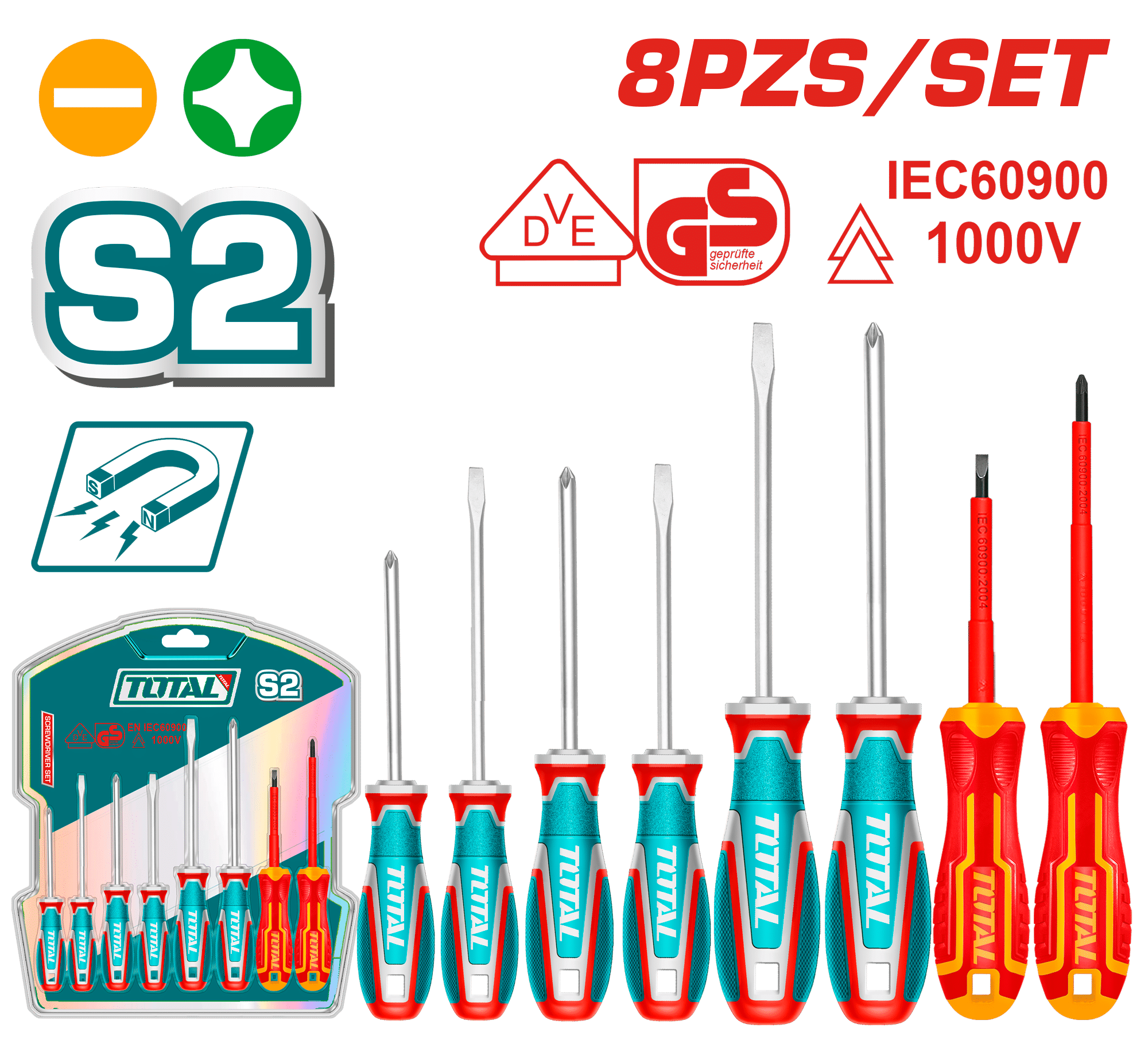 SET DESTORNILLADORES 8PCS S2 4XSL + 4XPH 75/100/150MM INC AISLADOS MAG. INDUSTRIAL