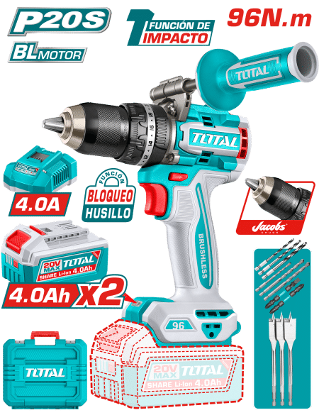 TALADRO PERCUTOR LI-ION 20V 96NM 13MM 2x4.0AH BRUSHLESS +ACC Y MANGO MALETIN INDUSTRIAL
