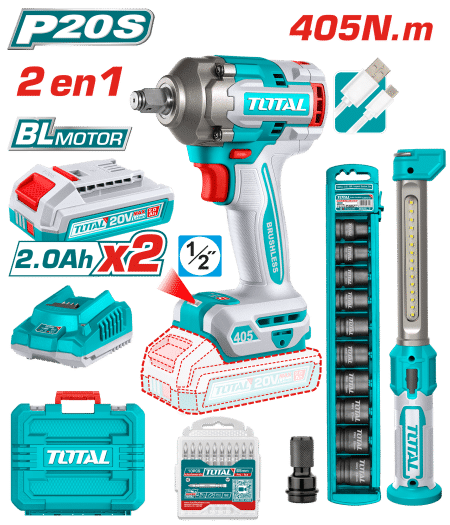 COMBO 2EN1 LLAVE IMPACTO 405NM + LINTERNA 2X2.0AH MALETIN + ACC INDUSTRIAL