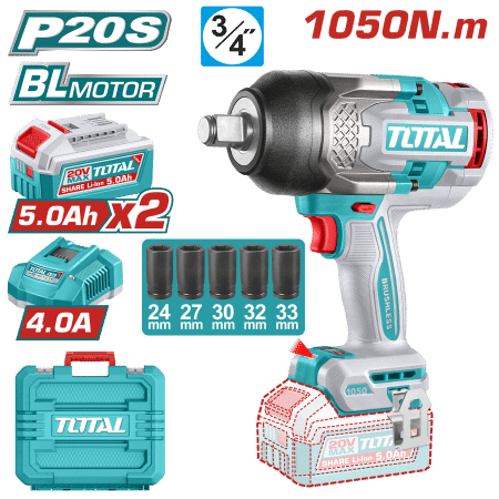 LLAVE IMPACTO 20V 1050NM 3/4'' 2200BPM BL 2X5.0AH MALETIN+ACC INDUSTRIAL