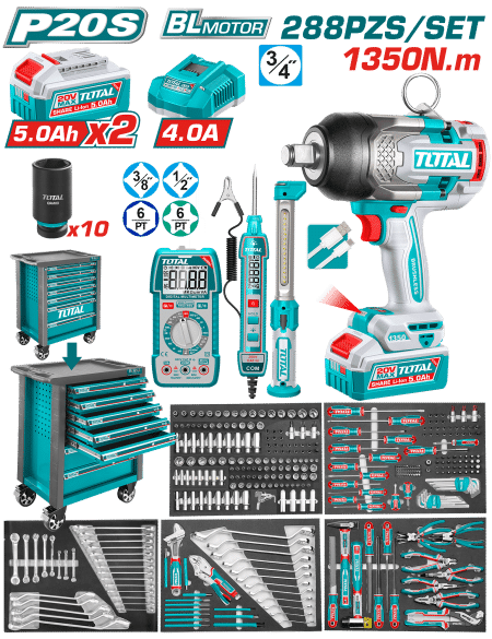 SET GABINETE 7 CAJONES + HERRAMIENTAS + LLAVE IMPACTO 20V 1350NM 288PCS INDUSTRIAL