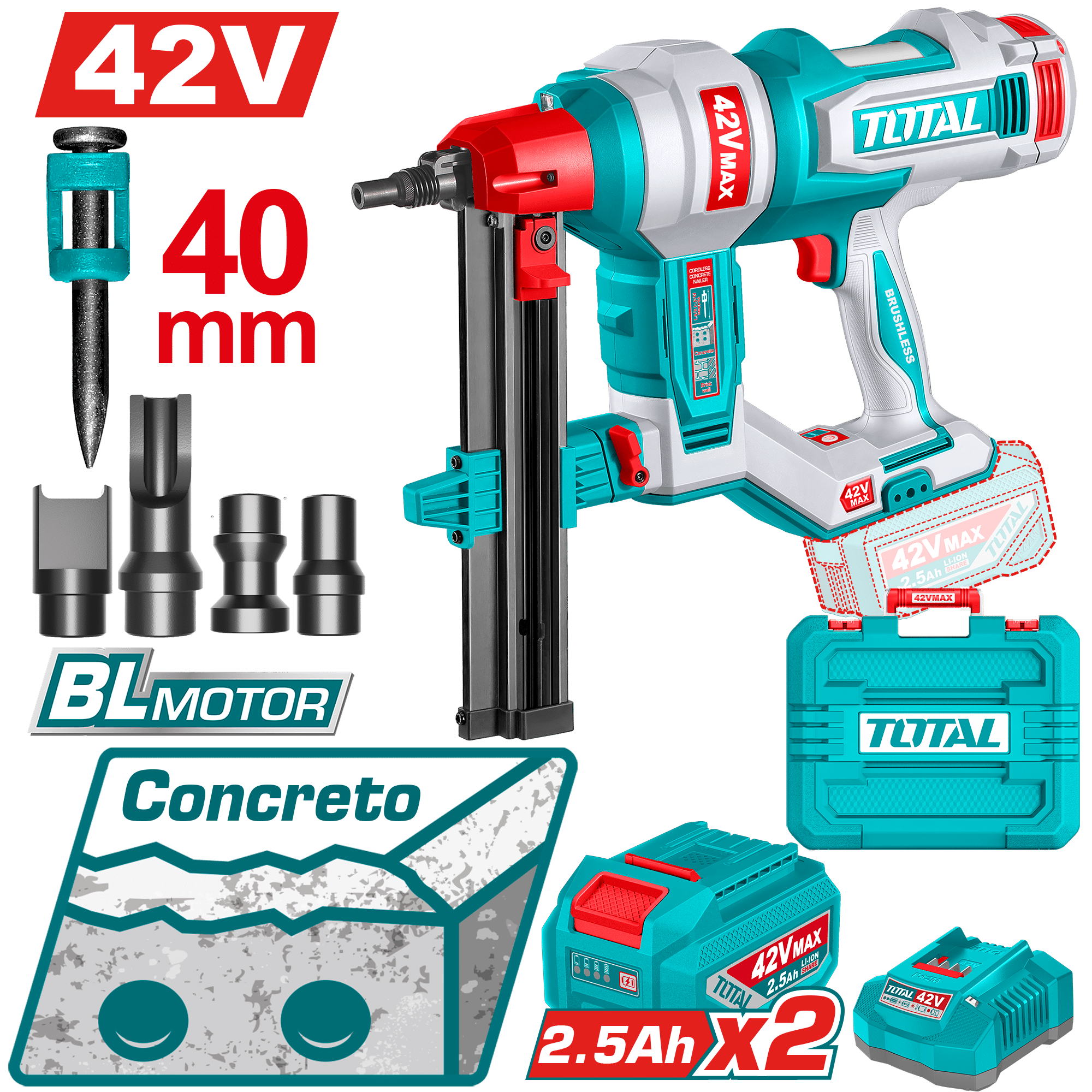 CLAVADORA CONCRETO 42V BLMOTOR R:19-40MM +1000 CLAVOS 2X2.5AH +ACC MALETIN INDUSTRIAL