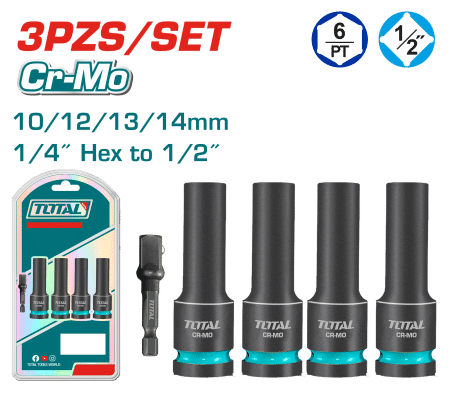 SET DADOS IMPACTO LARGOS 5PCS CR-MO 10/12/13/14 + ADAPTADOR 1/4 HEX A 1/2 INDUSTRIAL