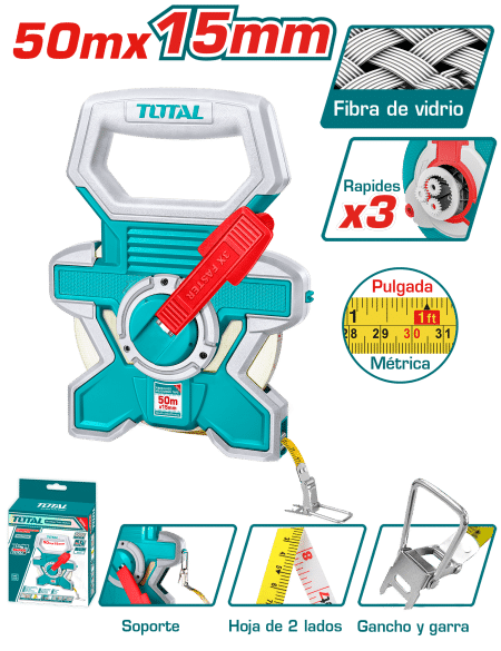 CINTA METRICA FIBRA DE VIDRIO 50M X 12.5MM + GANCHO VELOCIDADX3 INDUSTRIAL