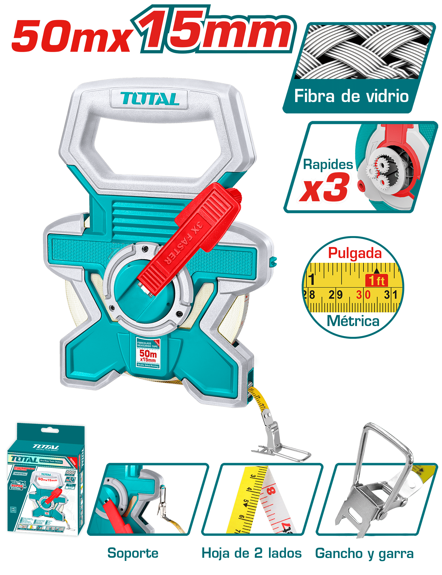 CINTA METRICA FIBRA DE VIDRIO 50M X 12.5MM + GANCHO VELOCIDADX3 INDUSTRIAL