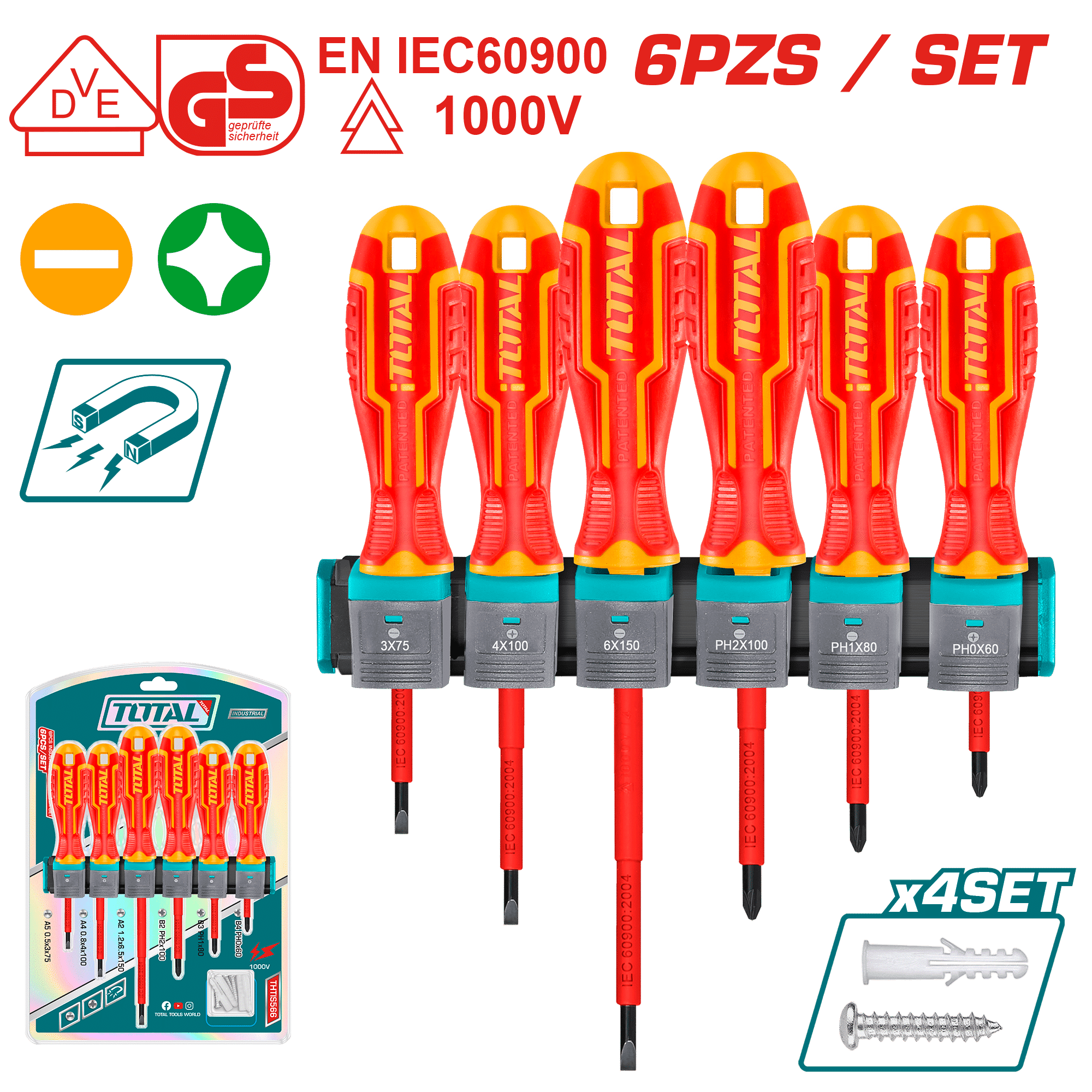 SET DESTORNILLADORES 6PCS AIS. 1000V 3XSL+3XPH 75/100/150MM MAG. INDUSTRIAL