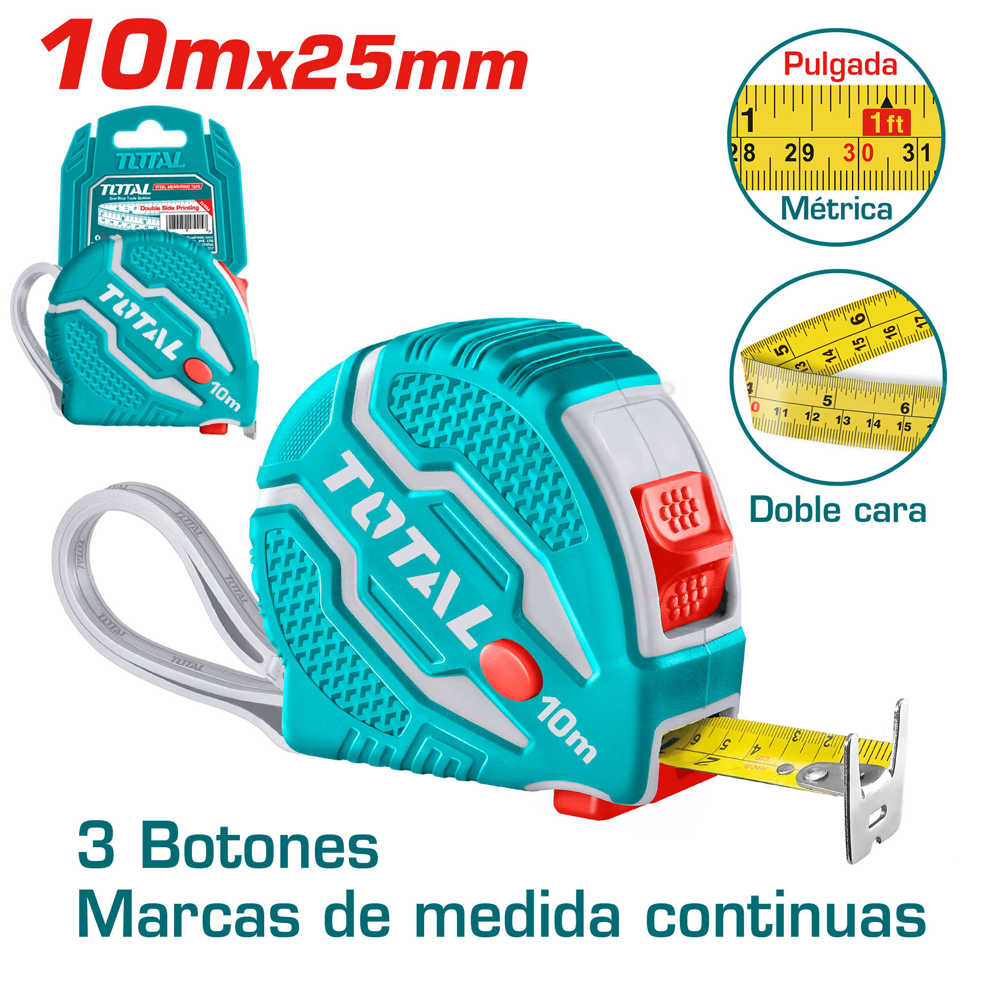 CINTA METRICA DE ACERO/ABS 3 BOTONES DOBLE LADO 10MX25MM