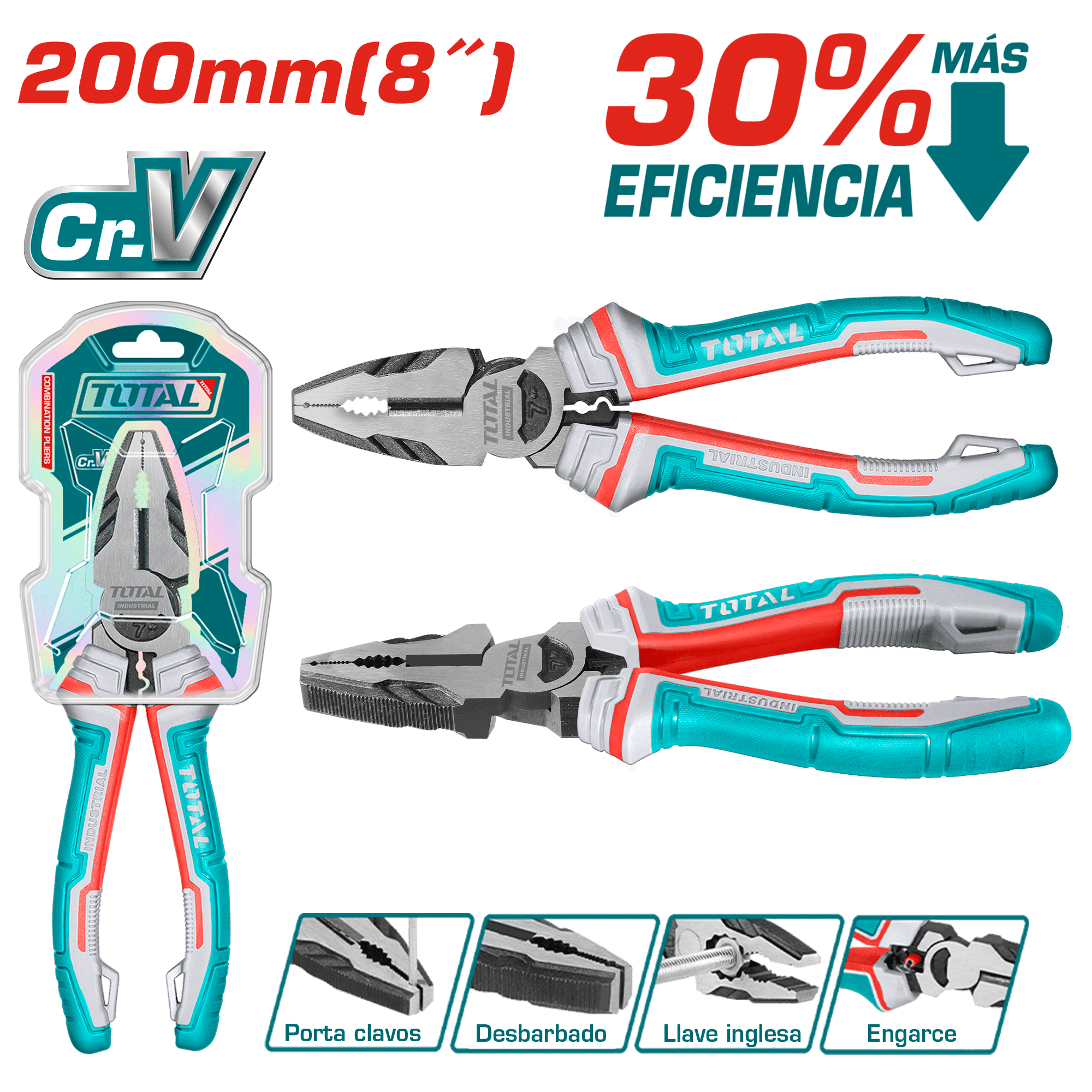 ALICATE COMBINADO ALTO APALANCAMINTO 8'' 200MM CR-V / TPR INDUSTRIAL