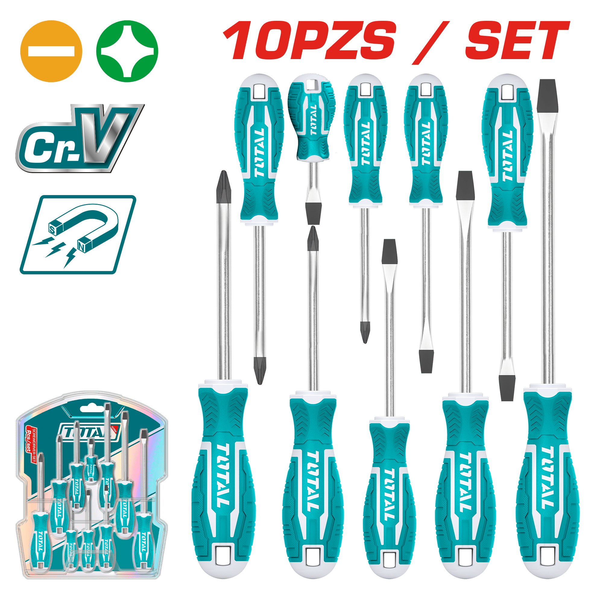SET DESTORNILLADORES 10PCS CR.V 6XSL+4PH 38/75/100/125/150/200MM MAG.