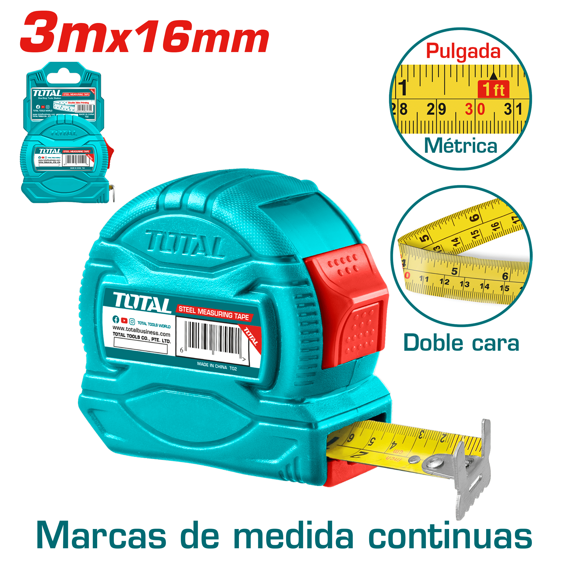 CINTA METRICA DE ACERO/ABS 1 BOT DOBLE LADO 3MX16MM